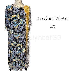 LONDON TIMES Woman Maxi Dress Floral Print Maxi DRESS Black Yellow 2X